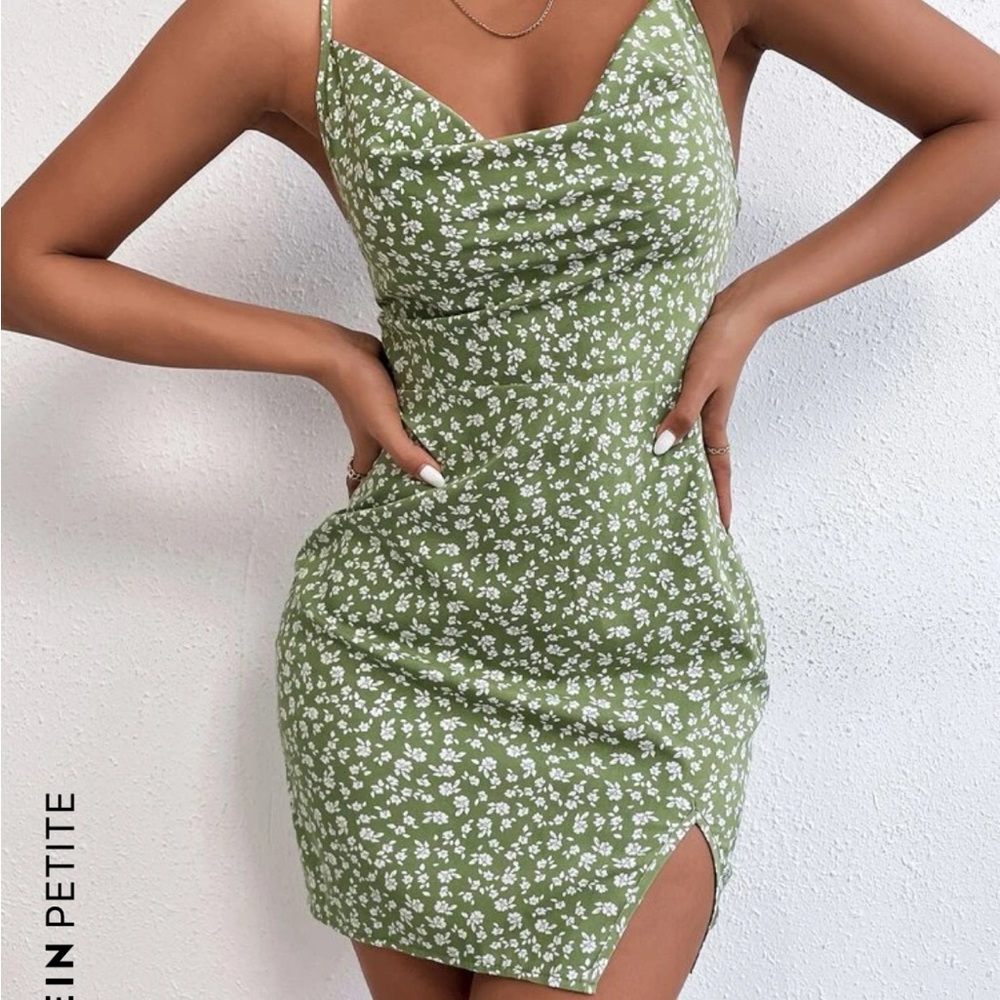 Ditsy Floral Print Draped Collar Split Hem Cami Dress